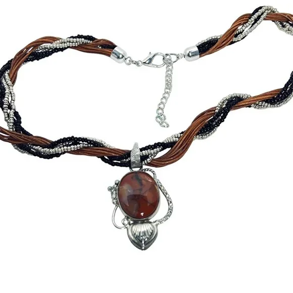 12 Strand Black And Gold Seed Bead Necklace With Floral Jasper Pendant (5892) - Picture 6 of 6